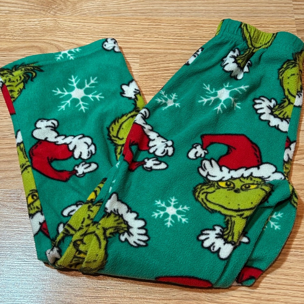Dr Seuss The Grinch Christmas Pajama Bottoms Green Fleece Kids Medium 7/8